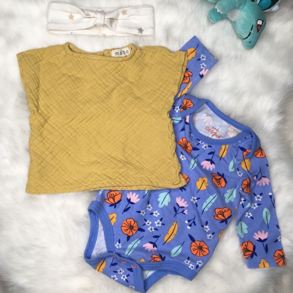 Mabo + Friends 6m Ochre Yellow Woven Top + Floral Sleeper + star headband Set